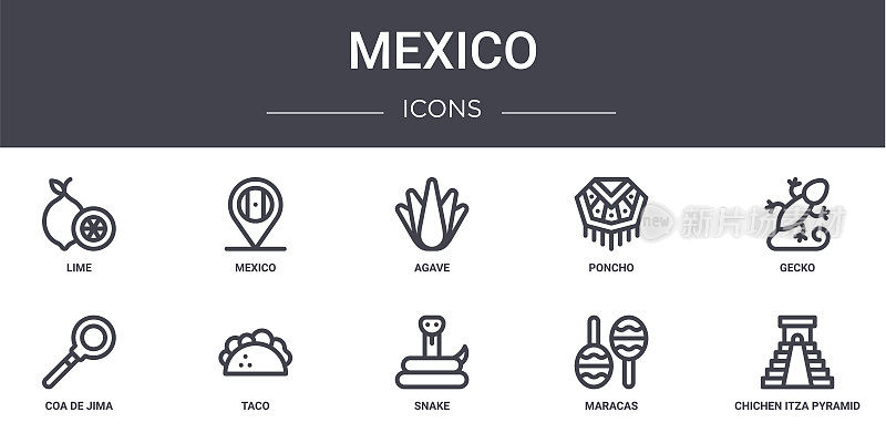 mexico concept line icons set. contains icons usable for web, logo, ui/ux such as mexico, poncho, coa de jima, snake, maracas, chichen itza pyramid, gecko, agave